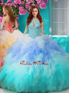 Exclusive Rainbow Halter Top Sweet 16 Dress with Beading and Ruffles