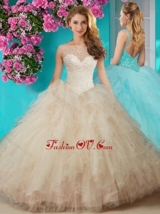 Elegant Beaded and Ruffled Quinceanera Dress with See Through Scoop