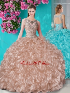 Beautiful Beaded and Ruffled New style Quinceanera Dress with See Through Scoop