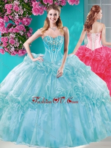 Big Puffy Ruffled Turquoise New style Quinceanera Dresswith Beaded Bodice