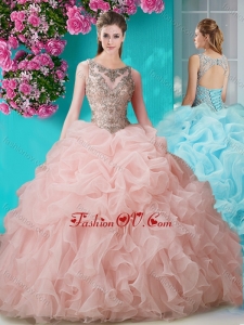 Brush Train Scoop Peach New style Quinceanera Dress with Beading and Ruffles