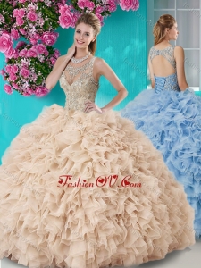 Gorgeous See Through Beaded Scoop Modern Quinceanera Dress in Champagne