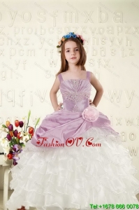 Cheap White and Lavender Little Girl Dress with Appliques and Ruffled Layers