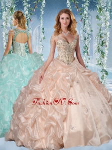 Lovely Beaded Decorated Cap Sleeves Quinceanera Dress with Deep V Neck
