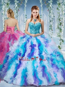 Lovely Rainbow Colored Big Puffy Quinceanera Dress with Beading and Ruffles