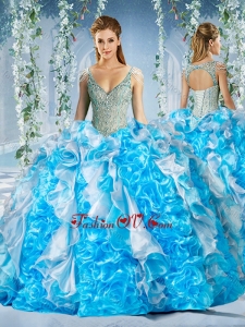 Modern Blue and White Quinceanera Dress in Beaded Decorated Cap Sleeves