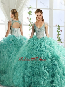 Modern Deep V Neck Mint Detachable Quinceanera Dresses with Beading and Appliques
