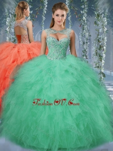 New style Beaded and Ruffled Big Puffy Quinceanera Dress in Turquoise