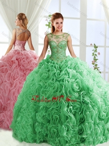 See Through Beaded Scoop Lovely Quinceanera Dresses with Rolling Flower