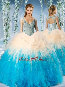 Beaded Decorated Cap Sleeves New style Quinceanera Dress in Blue and Champagne