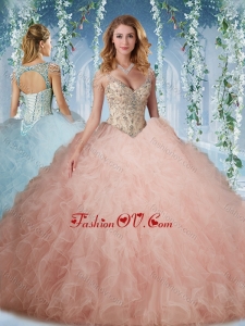 Exclusive Deep V Neck Peach New style Quinceanera Dress With Beading and Ruffles