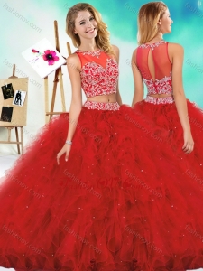 See Through Two Piece Red New style Quinceanera Dress with Beading and Ruffles