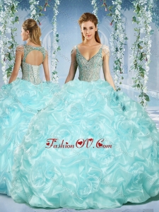 Sleeves Beaded Light Blue New style Quinceanera Dress with Deep V Neck