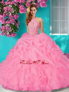 New Style Halter Top Beaded and Ruffled Quinceanera Dress with Brush Train