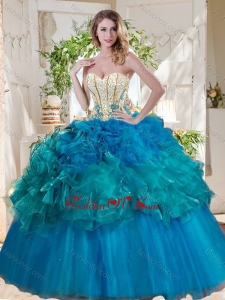 Elegant Beaded and Ruffled Really Puffy Lovely Quinceanera Dresses in Teal and Blue