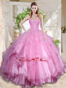 Popular Rose Pink Really Puffy Lovely Quinceanera Dresses with Beading and Ruffles Layers