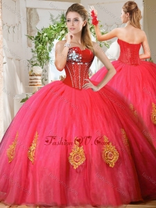 Romantic Beaded and Gold Applique Really Puffy Modern Quinceanera Dresses in Red