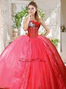 Romantic Puffy Skirt Beaded and Applique 2016 Quinceanera Dresses in Coral Red