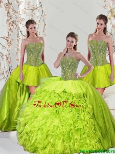 2015 Detachable and Classic Beading and Ruffles Yellow Green Dresses for Quince