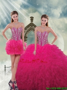 Unique Beading and Ruffles Dresses For Quince in Hot Pink
