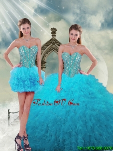 2015 Spring Detachable and Lovely Beading and Ruffles Turquoise Dresses For Quince