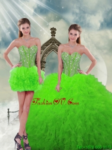 Detachable and Lovely Beading and Ruffles Spring Green Dresses For Quinceanera