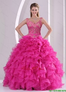 Detachable and Lovely Hot Pink Quince Dresses with Beading and Ruffles for 2015