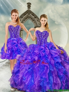Pretty and Detachable Beading and Ruffles Quince Dresses in Purple and Blue for 2015