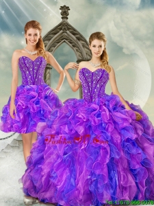 Unique and Detachable Blue and Lavender Dresses for Quince with Beading and Ruffles