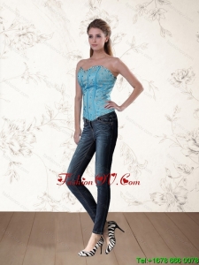 Cute Baby Blue Sweetheart Corset with Ruffles and Beading