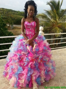 Affordable Rainbow Big Puffy Quinceanera Dress with Sequins and Ruffles