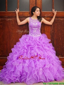 Exclusive Beaded and Ruffled Brush Train Quinceanera Dress with See Through Scoop