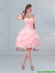 2015 Cute Baby Pink Sweetheart Prom Gown with Ruffled Layers and Beading