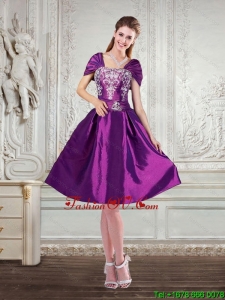 Purple Strapless Embroidery and Beading Prom Dresses with Cap Sleeves