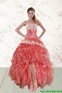 2015 Perfect High Low Ruffles Strapless Prom Dresses in Watermelon