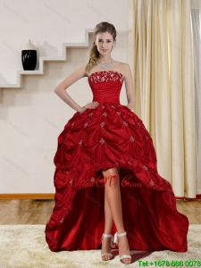 2015 Pretty Strapless Red Prom Dresses with Embroidery and Pick Ups