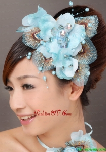 Popular Light Blue Taffeta Tulle Feather Beading Women Fascinators