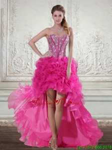 2015 Hot Pink High Low Sweetheart Prom Dresses with Beading and Ruffled Layers