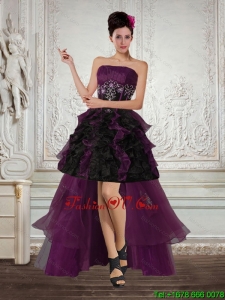 High Low Multi Color Strapless Prom Dresses with Ruffles and Embroidery