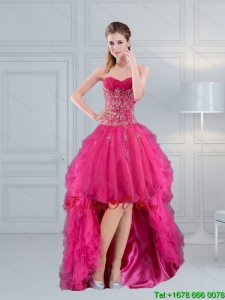 High Low Sweetheart Hot Pink 2015 Prom Dress with Embroidery and Beading