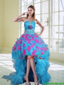 2015 High Low Strapless Ruffled Prom Dresses with Hand Made Flower