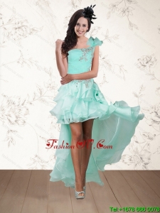 2015 Apple Green One Shoulder Cheap Prom Dresses with Embroidery and Hand Made Flower