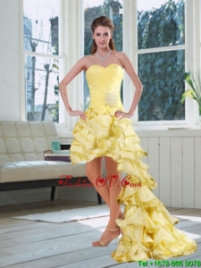 Light Yellow Sweetheart Cheap Prom Dress with Beading and Ruffled Layers