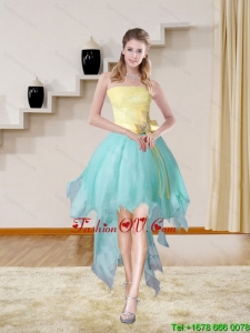 Multi Color Strapless High Low 2015 Cheap Prom Gown with Bowknot