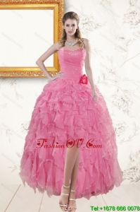 2015 Rose Pink Sweetheart Cheap Prom Dresses with Beading and Ruffles