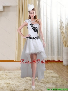 White High Low One Shoulder Cheap Prom Dresses with Black Embroidery