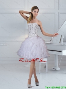 2015 Elegant Strapless White Prom Dresses with Ruffles and Beading