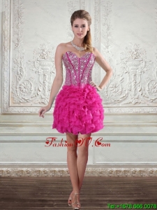 2015 Sweetheart Hot Pink Prom Gown with Beading and Ruffled Layers