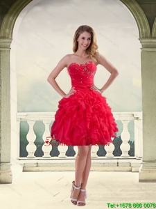 Ball Gown Strapless Red 2015 Prom Dresses with Ruffles and Beading