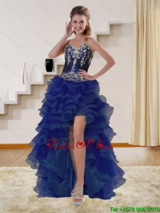 High Low Navy Blue Sweetheart Prom Dresses with Beading and Embroidery